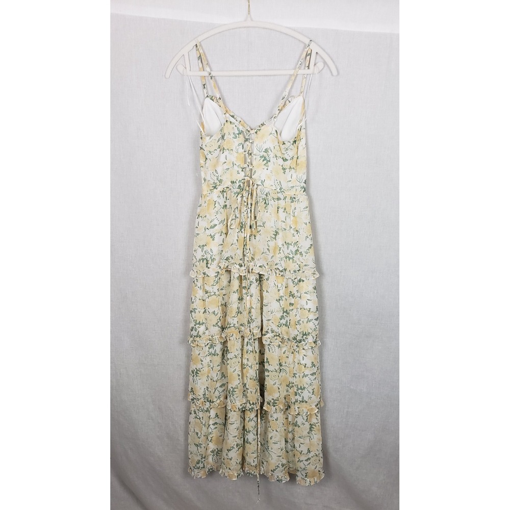 Crystal Doll Yellow Garden Floral Tiered Maxi Dress Lace Up Back Ruffle Trim M - Picture 4 of 12